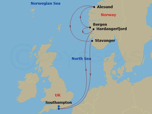 Route map: Southampton, England, UK → Bergen, Norway → Alesund, Norway → Stavanger, Norway → Southampton, England, UK