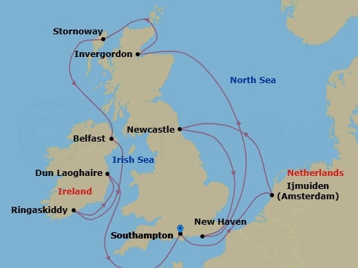 Route map: London (Southampton), England, Great Britain → Amsterdam  Ijmuiden, Netherlands → Newcastle  Tyne, United Kingdom → Edinburgh (Newhaven), Scotland, United Kingdom → Invergordon (Inverness), Great Britain → Stornoway, Scotland, Great Britain → Belfast, Northern Ireland, United Kingdom → Ringaskiddy   Cork   Ireland → Dublin  Dun Laoghaire  Ireland → London (Southampton), England, Great Britain