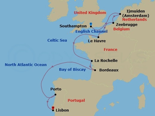Route map: London (Southampton) → Amsterdam (Ijmuiden) → Bruges (Zeebrugge) → Paris (Le Havre) → La Rochelle → Bordeaux → Oporto → Lisbon