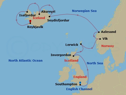 Route map: London (Southampton) → Invergordon → Lerwick (Shetland Islands) → Vik → Alesund → Seydisfjordur → Akureyri → Isafjordur → Reykjavik