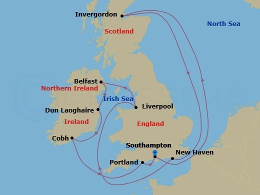 Route map: London (Southampton), England, Great Britain → Invergordon (Inverness), Great Britain → Edinburgh (Newhaven), Scotland, United Kingdom → Liverpool, England, United Kingdom → Belfast, Northern Ireland, United Kingdom → Dublin  Dun Laoghaire  Ireland → Cork  Cobh, Ireland → Portland, England, Great Britain → London (Southampton), England, Great Britain