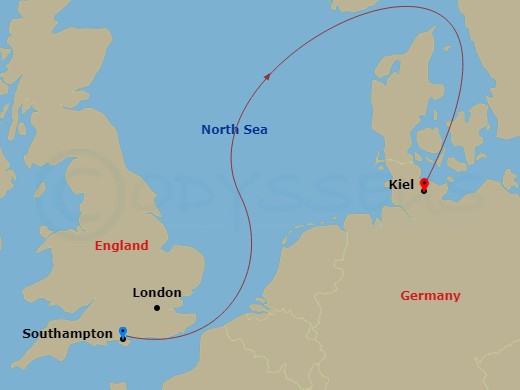 Route map: Southampton, England, UK → Kiel, Germany