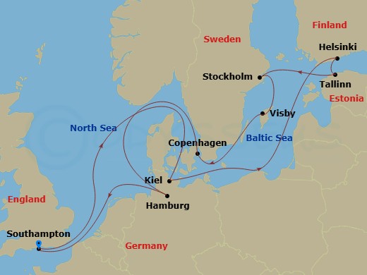 Route map: Southampton, England, UK → Kiel, Germany → Helsinki, Finland → Tallinn, Estonia → Stockholm, Sweden → Visby, Sweden → Copenhagen, Denmark → Hamburg, Germany → Southampton, England, UK