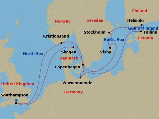 Route map: Southampton (for London), England → Kristiansand, Norway → Copenhagen, Denmark → Warnemunde (for Berlin), Germany → Tallinn, Estonia → Helsinki, Finland → Stockholm, Sweden → Visby, Sweden → Skagen, Denmark → Southampton (for London), England