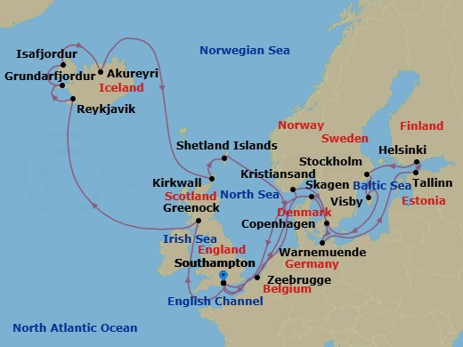 Route map: Southampton → Kristiansand → Copenhagen → Warnemuende → Tallinn → Helsinki → Stockholm → Visby → Skagen → Southampton