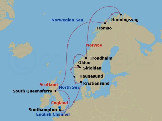 Route map: Southampton (for London), England → Kristiansand, Norway → Haugesund, Norway → Skjolden/Sognefjord, Norway → Olden, Norway → Trondheim, Norway → Honningsvag (for North Cape), Norway → Tromso, Norway → Edinburgh (South Queensferry), Scotland → Southampton (for London), England