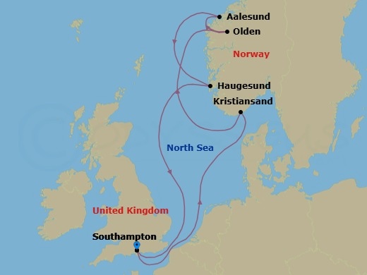 Route map: Southampton → Kristiansand → Olden → Alesund → Haugesund → Southampton