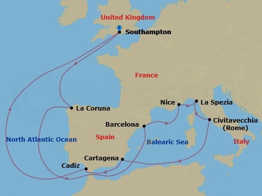 Route map: Southampton, England → La Coruna, Spain → Barcelona, Spain → Nice (Villefranche), France → Florence/Pisa(Laspezia)Italy → Rome (Civitavecchia), Italy → Cartagena, Spain → Seville (Cadiz), Spain → Southampton, England
