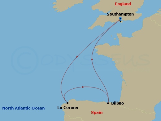 Route map: Southampton → La Coruna → Bilbao → Southampton