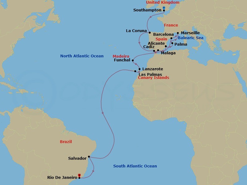 Route map: Southampton (London) United Kingdom → La Coruna (Santiago de Compostela) Spain → Cadiz (Seville) Spain → Malaga (Granada) Spain → Alicante Spain → Palma de Mallorca (Baleari Is) Spain → Marseille (Provence) France → Barcelona Spain → Funchal (Madeira Is) Portugal → Arrecife de Lanzarote (Canary Is) Spain