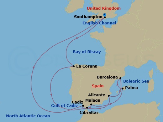 Route map: Southampton, England, UK → La Coruna (tours to Santiago de Compostela), Spain → Gibraltar → Malaga (tours to Granada), Spain → Palma De Mallorca, Spain → Barcelona, Spain → Alicante, Spain → Cadiz (tours to Seville), Spain → Southampton, England, UK