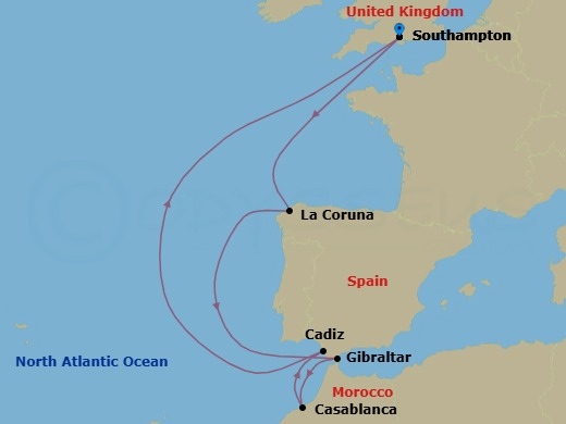 Route map: Southampton (London) United Kingdom → La Coruna (Santiago de Compostela) Spain → Gibraltar Gibraltar → Casablanca (Marrakech) Morocco → Cadiz (Seville) Spain → Southampton (London) United Kingdom