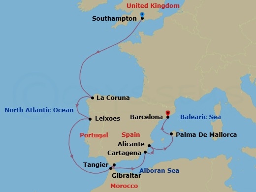 Route map: Southampton, England, UK → La Coruna (tours to Santiago de Compostela), Spain → Leixoes (tours to Porto), Portugal → Gibraltar → Tangier, Morocco → Cartagena, Spain → Alicante, Spain → Palma De Mallorca, Spain → Barcelona, Spain