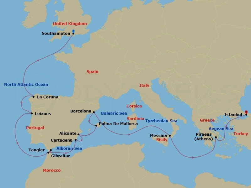 Route map: Southampton → La Coruna → Leixoes → Gibraltar → Tangier (Tetouan) Morocco → Cartagena → Alicante → Palma De Mallorca → Barcelona → Messina Strait