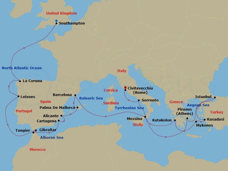 Route map: Southampton, England, UK → La Coruna (tours to Santiago de Compostela), Spain → Leixoes (tours to Porto), Portugal → Gibraltar → Tangier, Morocco → Cartagena, Spain → Alicante, Spain → Palma De Mallorca, Spain → Barcelona, Spain → Messina Strait, Italy         (Transit)