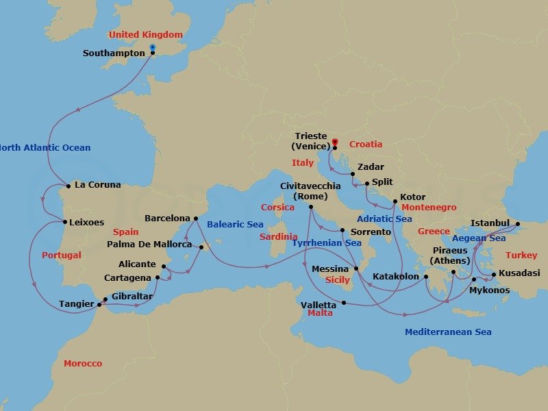 Route map: Southampton, England, UK → La Coruna (tours to Santiago de Compostela), Spain → Leixoes (tours to Porto), Portugal → Gibraltar → Tangier, Morocco → Cartagena, Spain → Alicante, Spain → Palma De Mallorca, Spain → Barcelona, Spain → Messina Strait, Italy         (Transit)