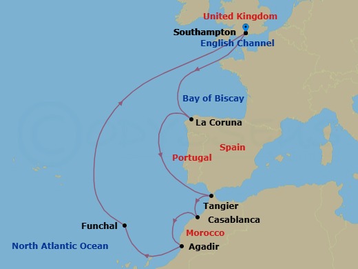 Route map: Southampton, England, UK → La Coruna (tours to Santiago de Compostela), Spain → Tangier, Morocco → Casablanca, Morocco → Agadir, Morocco → Funchal, Madeira, Portugal → Southampton, England, UK