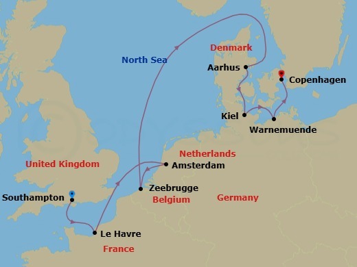 Route map: London (Southampton), England, Great Britain → Le Havre  Paris, France → Amsterdam, Netherlands → Zeebrugge  Brussels Brugge, Belgium → Aarhus, Denmark → Hamburg (Kiel), Germany → Warnemunde  Berlin, Germany → Copenhagen, Denmark
