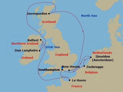 Route map: London (Southampton), England, Great Britain → Le Havre  Paris, France → Belfast, Northern Ireland, United Kingdom → Dublin  Dun Laoghaire  Ireland → Invergordon (Inverness), Great Britain → Edinburgh (Newhaven), Scotland, United Kingdom → Amsterdam  Ijmuiden, Netherlands → Zeebrugge  Brussels Brugge, Belgium → London (Southampton), England, Great Britain