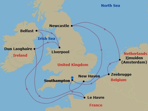 Route map: London (Southampton), England, Great Britain → Le Havre  Paris, France → Belfast, Northern Ireland, United Kingdom → Liverpool, England, United Kingdom → Dublin  Dun Laoghaire  Ireland → Edinburgh (Newhaven), Scotland, United Kingdom → Newcastle  Tyne, United Kingdom → Amsterdam  Ijmuiden, Netherlands → Zeebrugge  Brussels Brugge, Belgium → London (Southampton), England, Great Britain