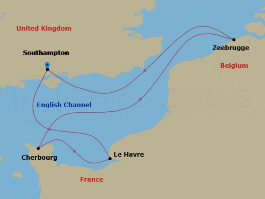 Route map: Southampton, England, UK → Le Havre, France → Cherbourg, France → Zeebrugge (tours to Bruges), Belgium → Southampton, England, UK