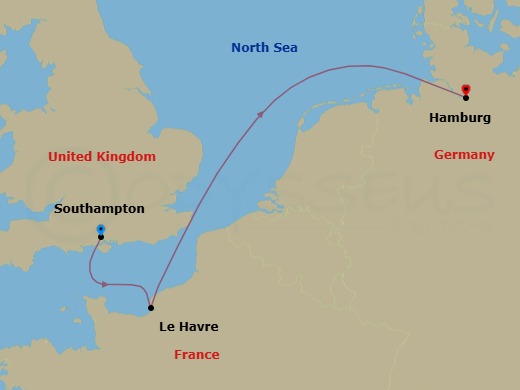 Route map: Southampton, England, UK → Le Havre, France → Hamburg, Germany