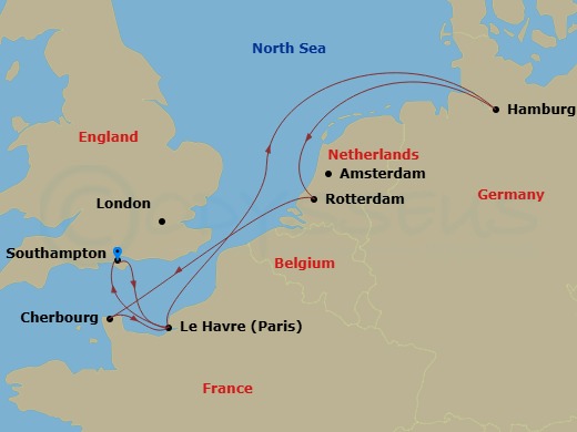 Route map: Southampton (London) United Kingdom → Le Havre (Paris) France → Hamburg Germany → Rotterdam (Amsterdam) Netherlands → Cherbourg (Mt St Michel) France → Le Havre (Paris) France → Southampton (London) United Kingdom