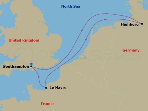 Route map: Southampton (London) United Kingdom → Le Havre (Paris) France → Hamburg Germany → Southampton (London) United Kingdom