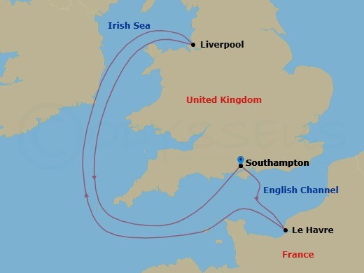 Route map: Southampton → Le Havre → Liverpool → Southampton