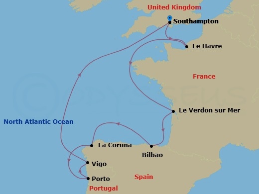 Route map: London (Southampton), England, Great Britain → Le Havre  Paris, France → Le Verdon  Bordeaux, France → Bilbao, Spain → La Coruna, Spain → Oporto, Portugal → Vigo, Spain → London (Southampton), England, Great Britain
