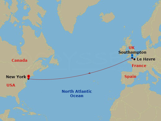 Route map: Southampton, England, UK → Le Havre, France → New York, NY, USA