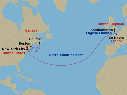 Route map: Southampton, England, UK → Le Havre, France → New York, NY, USA → Boston, MA, USA → Halifax, NS, Canada → New York, NY, USA