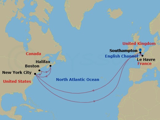 Route map: Southampton, England, UK → Le Havre, France → New York, NY, USA → Boston, MA, USA → Halifax, NS, Canada → New York, NY, USA → Southampton, England, UK