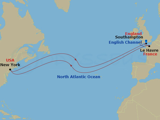 Route map: Southampton, England, UK → Le Havre, France → New York, NY, USA → Southampton, England, UK