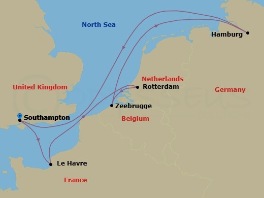 Route map: Southampton (London) United Kingdom → Le Havre (Paris) France → Rotterdam (Amsterdam) Netherlands → Zeebrugge (Bruges) Belgium → Hamburg Germany → Southampton (London) United Kingdom