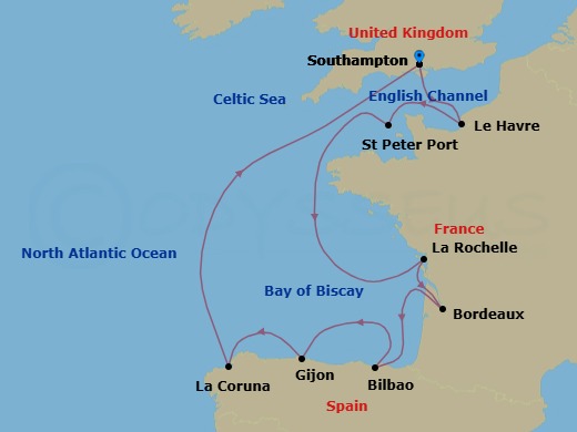 Route map: London (Southampton) → Paris (Le Havre) → St. Peter Port (Guernsey) → La Rochelle → Bordeaux → Bilbao → Gijon → La Coruna → London (Southampton)