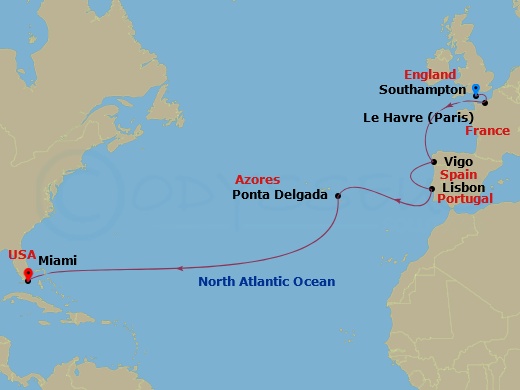 Route map: London (Southampton), England, Great Britain → Le Havre  Paris, France → Vigo, Spain → Lisbon, Portugal → Ponta Delgada, Portugal → Miami, Fl