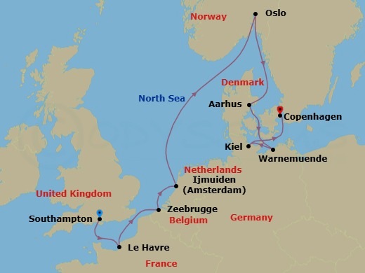 Route map: London (Southampton), England, Great Britain → Le Havre  Paris, France → Zeebrugge  Brussels Brugge, Belgium → Amsterdam  Ijmuiden, Netherlands → Oslo, Norway → Aarhus, Denmark → Warnemunde  Berlin, Germany → Hamburg (Kiel), Germany → Copenhagen, Denmark