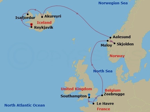 Route map: London (Southampton), England, Great Britain → Le Havre  Paris, France → Zeebrugge  Brussels Brugge, Belgium → Maloy, Norway → Skjolden, Norway → Alesund, Norway → Akureyri, Iceland → Isafjordur, Iceland → Reykjavik, Iceland