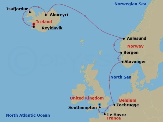 Route map: London (Southampton), England, Great Britain → Le Havre  Paris, France → Zeebrugge  Brussels Brugge, Belgium → Stavanger, Norway → Bergen, Norway → Alesund, Norway → Akureyri, Iceland → Isafjordur, Iceland → Reykjavik, Iceland