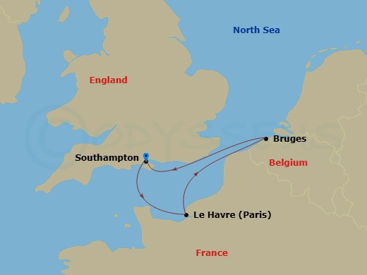 Route map: Southampton, England, UK → Le Havre, France → Zeebrugge (tours to Bruges), Belgium → Southampton, England, UK