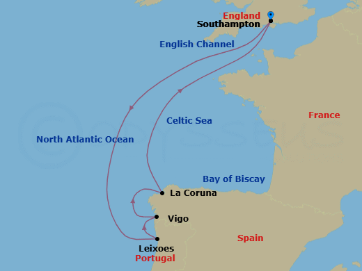 Route map: Southampton, England, UK → Leixoes (tours to Porto), Portugal → Vigo (tours to Santiago de Compostela), Spain → La Coruna (tours to Santiago de Compostela), Spain → Southampton, England, UK
