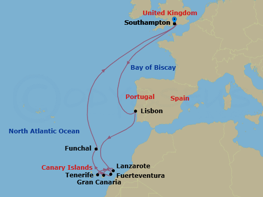 Route map: Southampton, England, UK → Lisbon, Portugal → Lanzarote, Spain → Gran Canaria, Spain → Tenerife, Spain → Fuerteventura, Spain → Funchal, Madeira, Portugal → Southampton, England, UK
