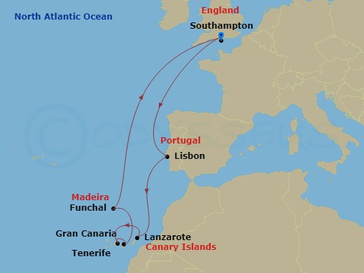 Route map: Southampton, England, UK → Lisbon, Portugal → Lanzarote, Spain → Gran Canaria, Spain → Tenerife, Spain → Funchal, Madeira, Portugal → Southampton, England, UK