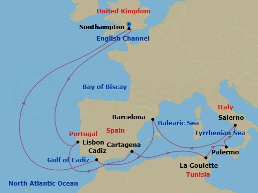 Route map: Southampton, England, UK → Lisbon, Portugal → Cartagena, Spain → La Goulette (tours to Carthageor Tunis), Tunisia → Palermo, Sicily, Italy → Salerno (tours to Capri or Pompeii), Italy → Barcelona, Spain → Cadiz (tours to Seville), Spain → Southampton, England, UK