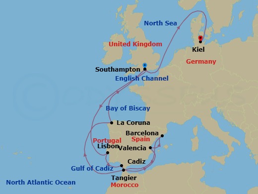 Route map: Southampton, England, UK → Lisbon, Portugal → Cadiz (tours to Seville), Spain → Valencia, Spain → Barcelona, Spain → Tangier, Morocco → La Coruna (tours to Santiago de Compostela), Spain → Southampton, England, UK → Kiel, Germany