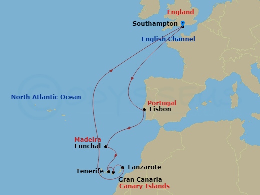 Route map: Southampton, England, UK → Lisbon, Portugal → Funchal, Madeira, Portugal → Tenerife, Spain → Gran Canaria, Spain → Lanzarote, Spain → Southampton, England, UK