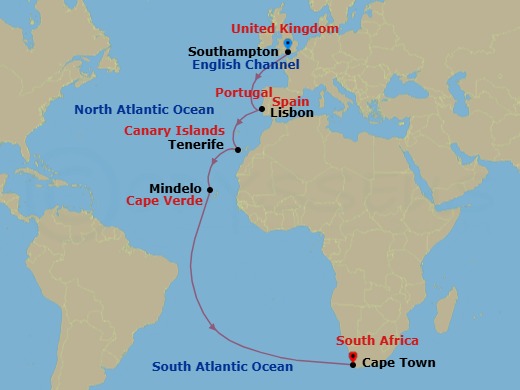Route map: Southampton, England, UK → Lisbon, Portugal → Tenerife, Spain → Mindelo, St Vincent, Cape     Verde → Cape Town, South Africa