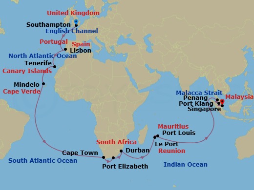 Route map: Southampton, England, UK → Lisbon, Portugal → Tenerife, Spain → Mindelo, St Vincent, Cape     Verde → Cape Town, South Africa → Gqeberha (Port Elizabeth),    South Africa → Durban, South Africa → Le Port, Reunion → Port Louis, Mauritius → Penang, Malaysia