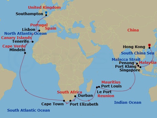 Route map: Southampton, England, UK → Lisbon, Portugal → Tenerife, Spain → Mindelo, St Vincent, Cape     Verde → Cape Town, South Africa → Gqeberha (Port Elizabeth),    South Africa → Durban, South Africa → Le Port, Reunion → Port Louis, Mauritius → Penang, Malaysia